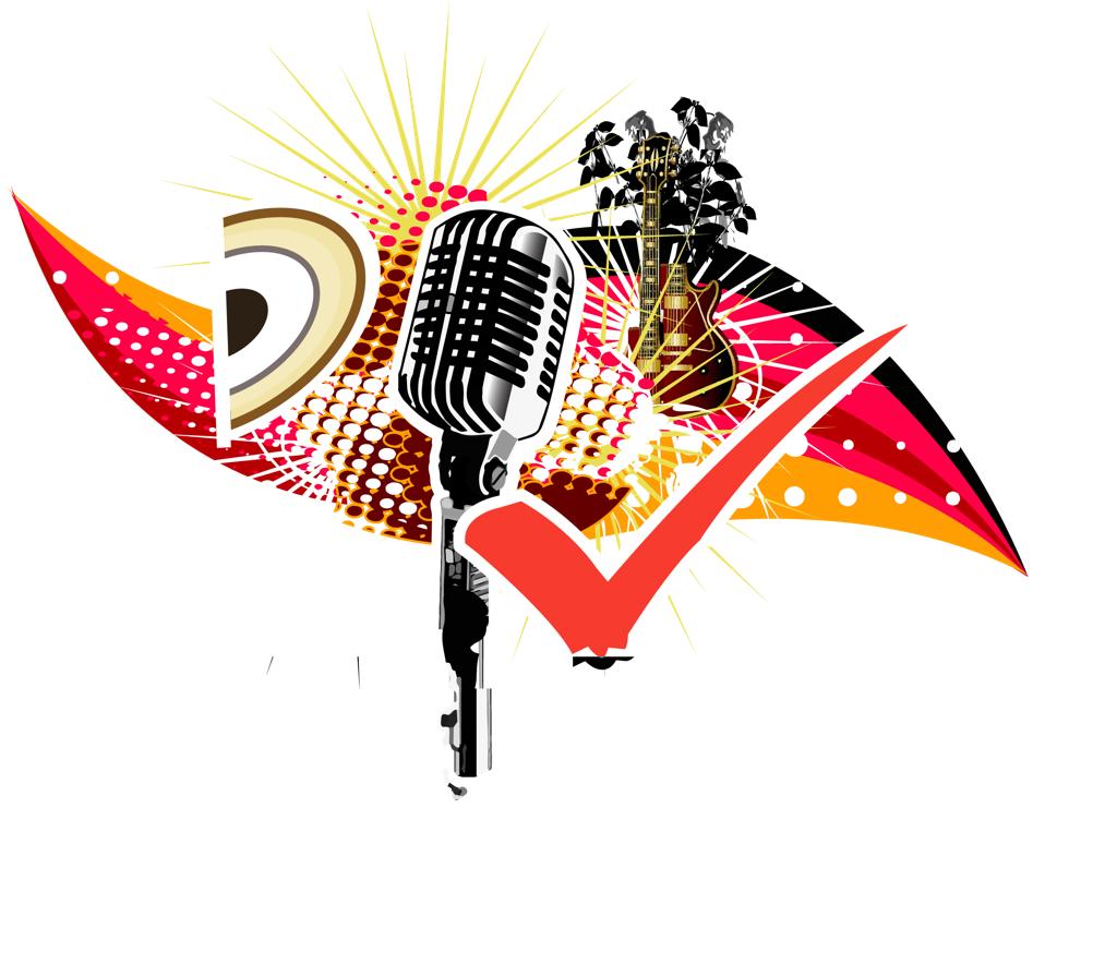 Din Check logo showing a red check mark and a silver microphone against sparkling shapes and musical instruments in red and orange
