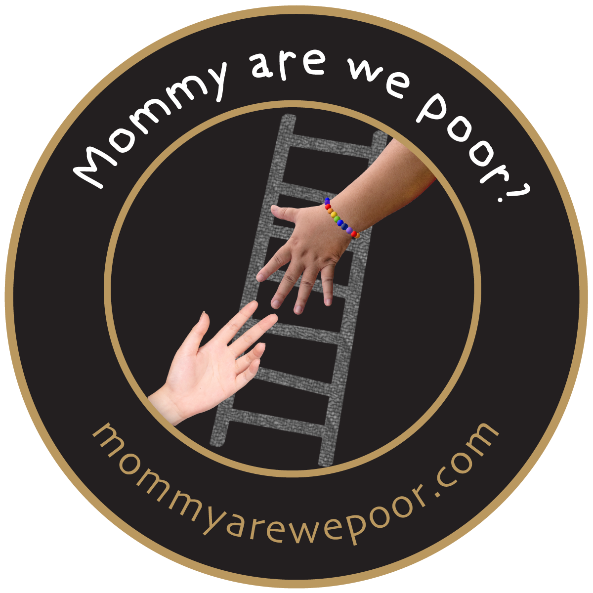 Circular logo for Mommy Are We Poor shows two hands reaching toward each other across a ladder