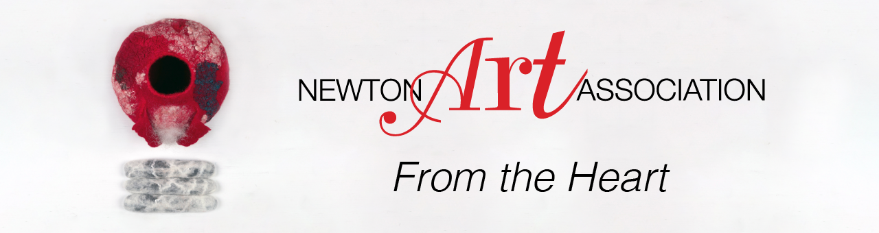 Newton Art Association Logo with title text From the Heart and red, white, and gray fiber art piece by artist Irina Moroz