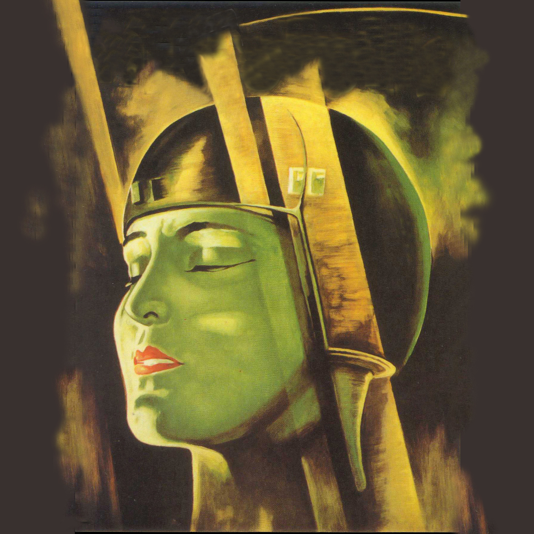 A green-skinned head, wearing a futuristic helmet, with eyes closed in a shaft of light