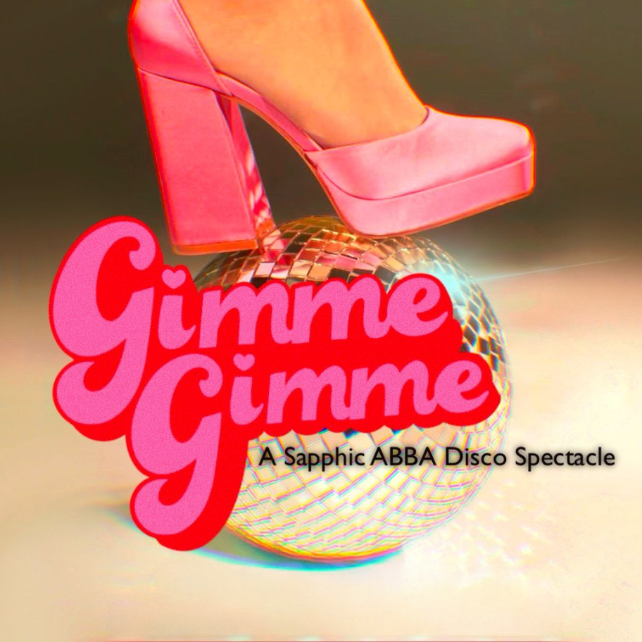 Image of pink heel foot on a disco ball with pink script text Gimme Gimme