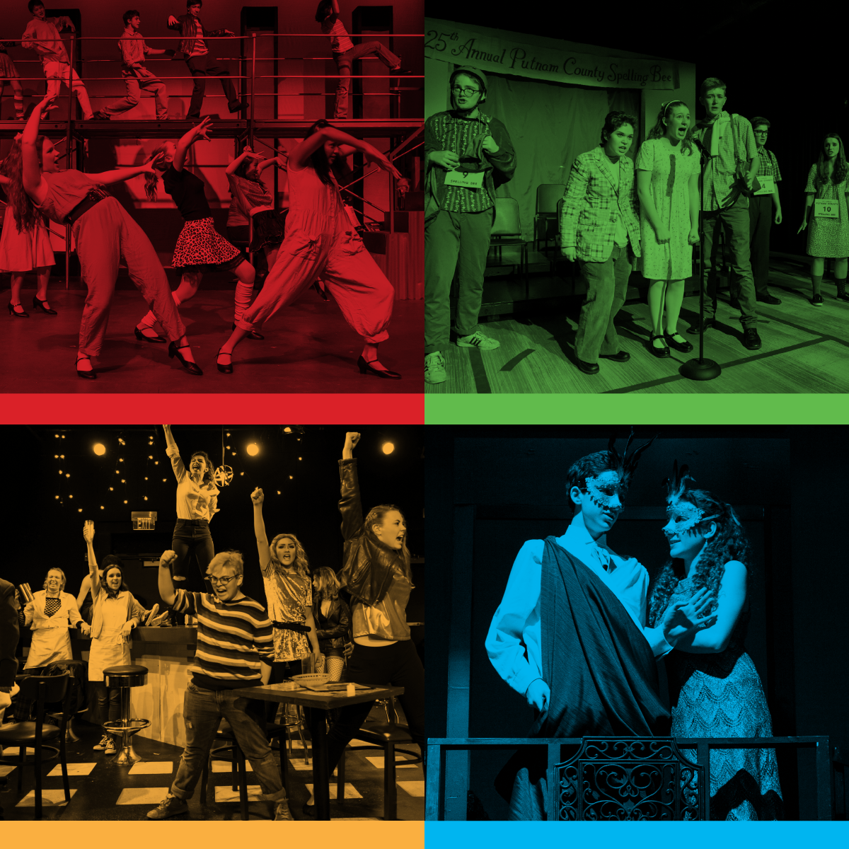A four photo grid of red, green, gold, and blue tinted photos of past Watertown Children's Theatre productions