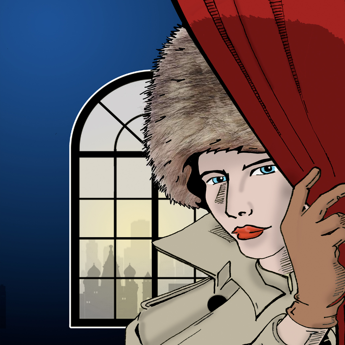 Illustration of woman wearing a Soviet style ushanka fur hat peeking out from behind a curtain