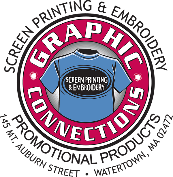 graphic connections logo image red circle with a graphic of a blue t-shirt that reads screen printing and embroidery