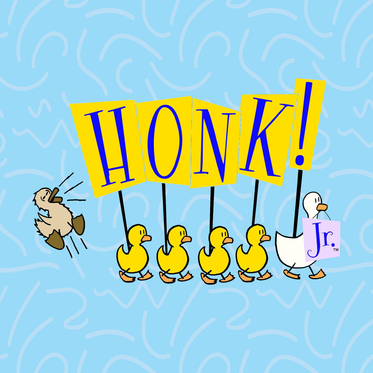 Cartoon illustration of four yellow ducklings following a white mother duck, all holding signs that spell out Honk Jr, while a brown "ugly duckling" follows behind exclaiming