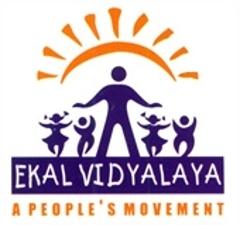 logo for Ekal Vidyalaya: A People's Movement showing dancing purple figures under an orange sun outline