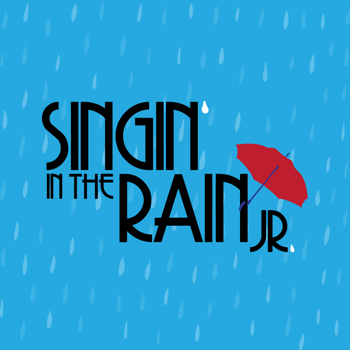 Red umbrella graphic against a blue background with raindrops