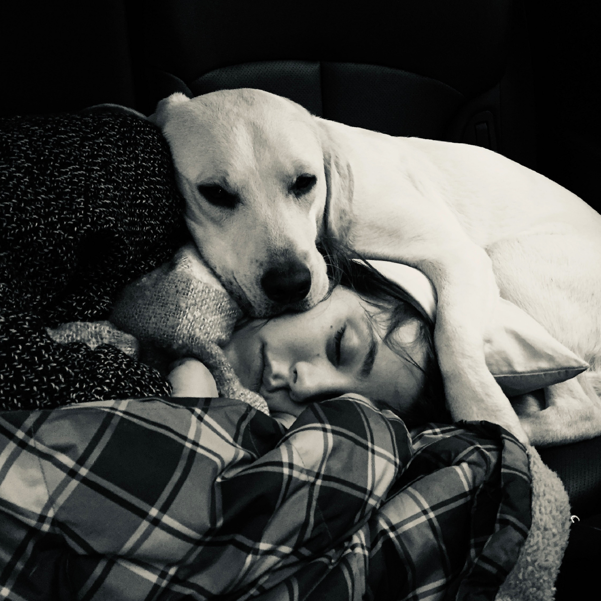 Black and white photo of dog and human cuddling