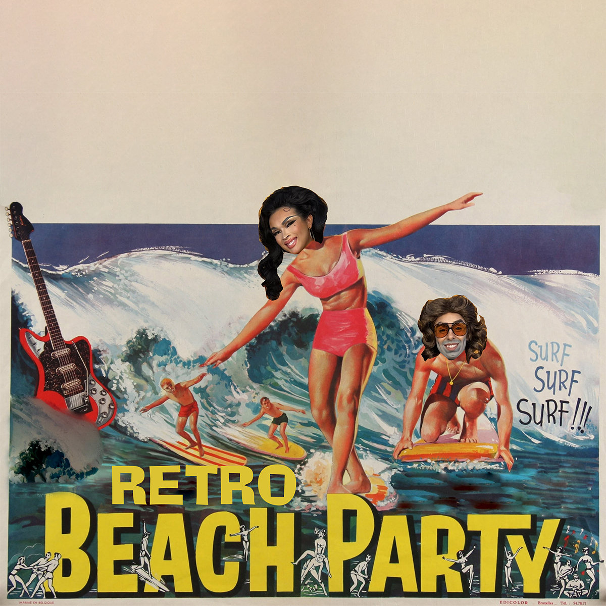 Text reading "Retro Beach Party" across a cutout image of Briar and Rusty surfing
