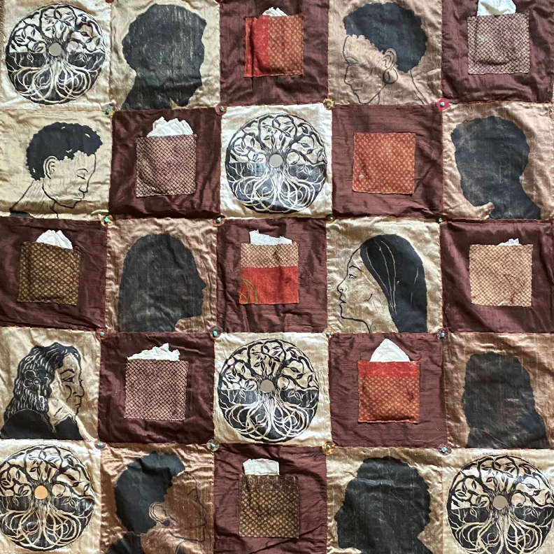 Call to artists image featuring artwork by Saskia G. Van Vactor, Remembering, Honoring, Cherishing, A quilt dedicated to and inspired by BIPOC and Trans Women 