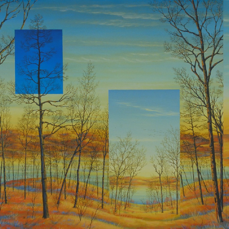 Artwork by CJ Lori - leafless trees on a sunset gradient background
