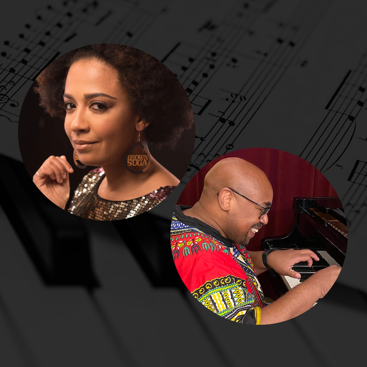 2 circle crop photos of performers Lydia Harrell and George Russell Jr. over a dim background image of piano keys and sheet music