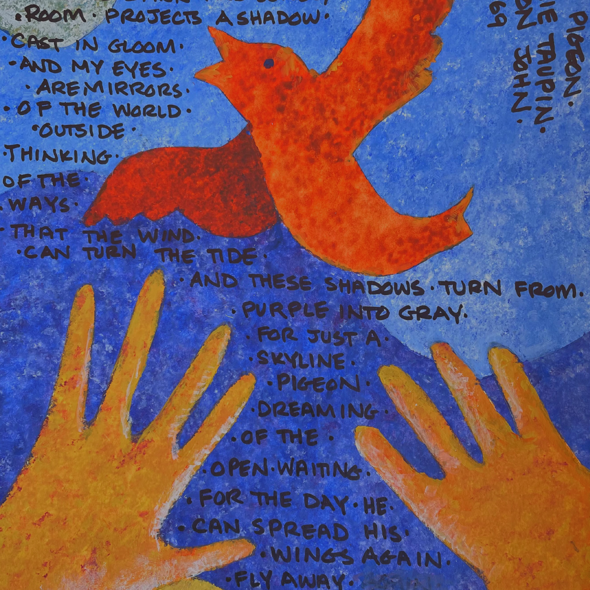 a painting with written words, hands, and a red flying bird on blue background
