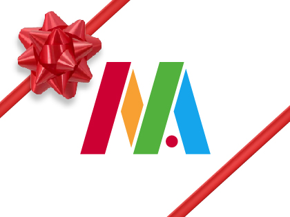 Rectangle gift card graphic with red ribbon and red, yellow, green, and blue Mosesian Arts M logo