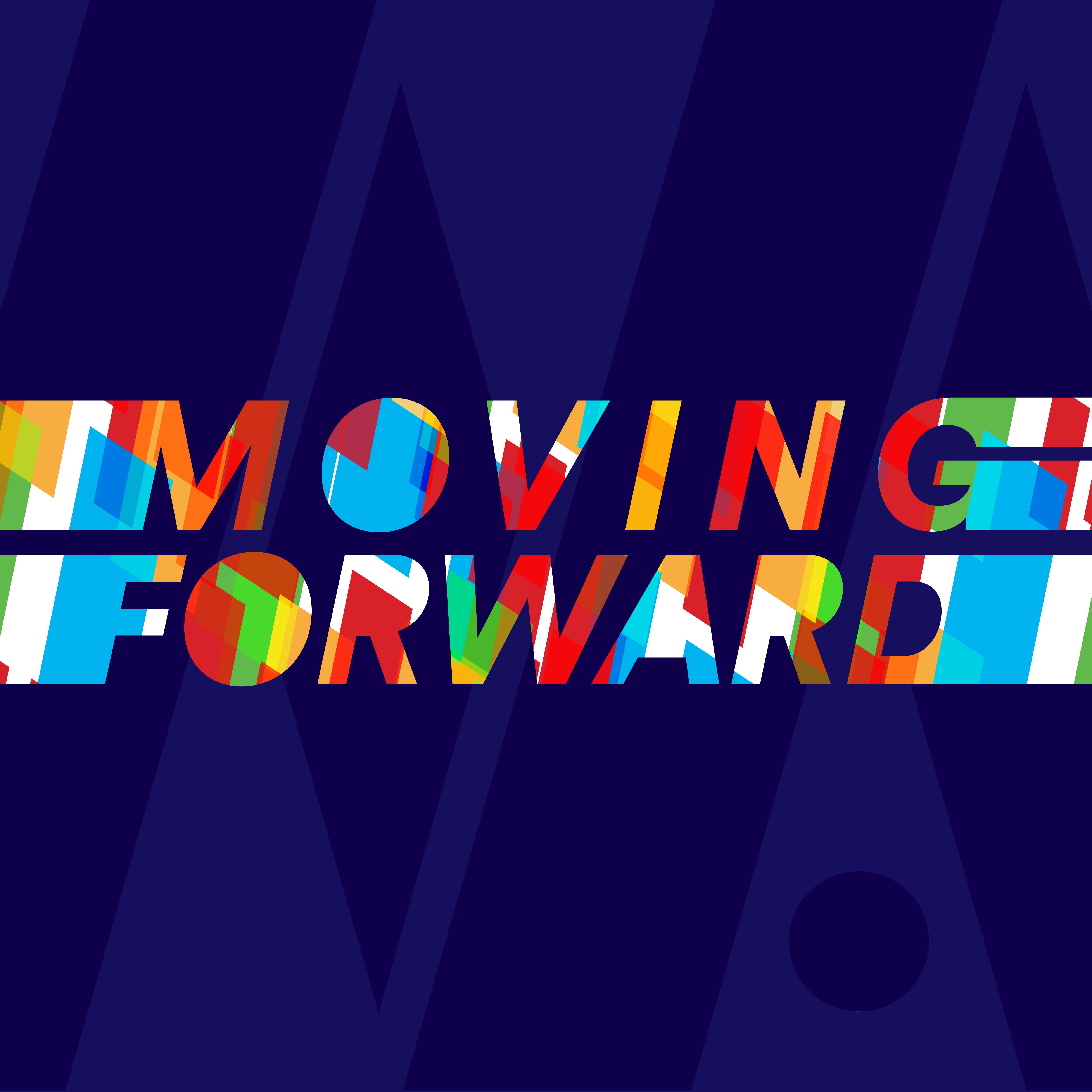 Moving Foward colorful text logo against dark blue Mosesian Arts logo background