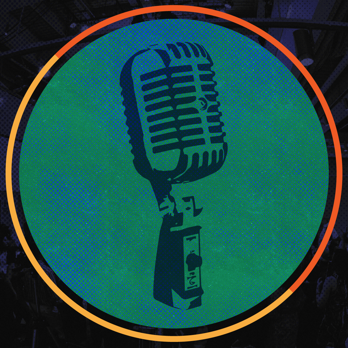 Open mic logo with retro microphone on a blue and green background