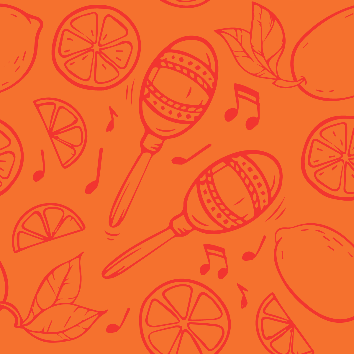 Bright orange graphic featuring illustrated maracas, citrus fruit, and music notes