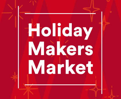 Holiday Makers Market text on a red Mosesian Arts M Logo background with star drawings
