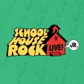 This is a green square with the words School House Rock in yellow and a red school house with the word Live! inside it and the word Jr. in a white word bubble.