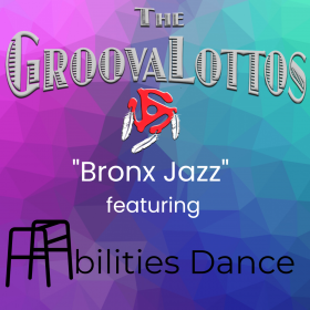 GroovaLottos logo and Abilities Dance logos "Bronx Jazz" on a colorful background