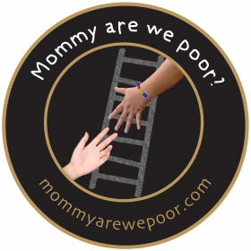 Circular logo for Mommy Are We Poor shows two hands reaching toward each other across a ladder