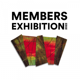 Members Exhibition with photograph of colorful red, green, and brown, fiber art by Sandy Gregg
