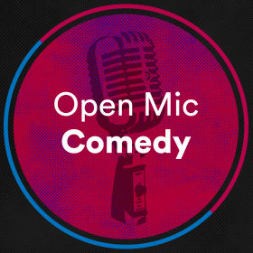 Open Mic Comedy logo shows a microphone image in a rosy red circle