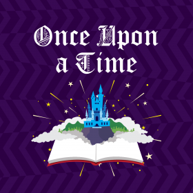Once Upon a Time old english text on purple background with magical castle graphic emerging from a book