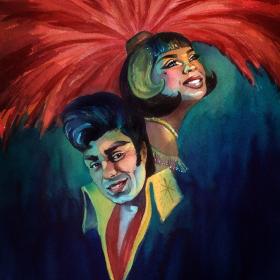 Painting of Rusty as Elvis and Briar as a Vegas showgirl