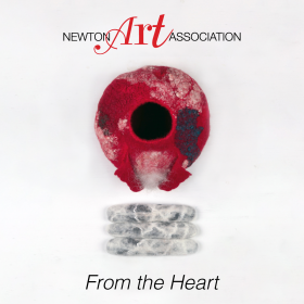 Newton Art Association Logo with title text From the Heart and red, white, and gray fiber art piece by artist Irina Moroz
