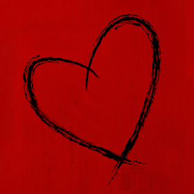 Heart shape drawn in black on a deep red background