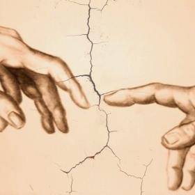 drawing of hands reaching toward each other as in Michelangelo's "The Creation of Adam"