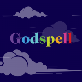 Godspell spectrum color text logo against purple-y blue sky with clouds