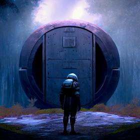 An armored figure stands before a giant tarnished metal door in a clearing in the woods