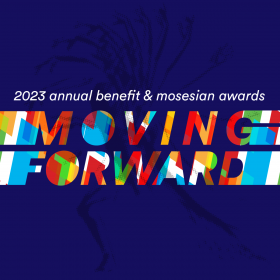 Moving Foward multicolor text logo w/ human form in movement behind it as a shadow image