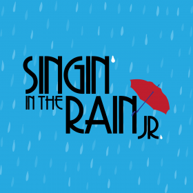 Signin' in the Rain Jr. text logo with red umbrella on a bright blue background with raindrops
