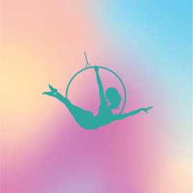 New England Black Circus logo shows an aerialist in teal silhouette against a varied blue pink and peach pastel background