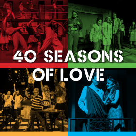 40 Seasons of love text over color tinted photos in red, green, yellow, and blue of WCT past performers on stage