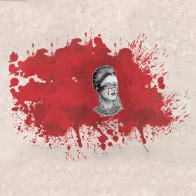 A woman wearing a blindfold is pictured in front of an abstract blood splatter