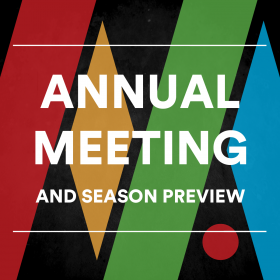 White text that reads Annual Meeting and Season Preview over a large, colorful Mosesian Arts logo and black background