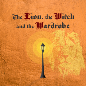 The Lion, the Witch and the Wardrobe old English style text with silhouette of a street lamp and ghost image of a lion head on an orange background