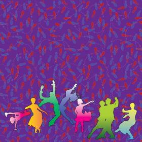 colorful figures dance against a purple background of dancing footprint diagrams