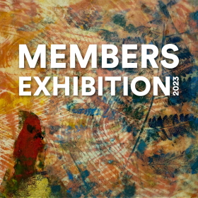 White Members Exhibition 2023 text over an encaustic artwork by Melissa Fristrom titled Morning Joy featuring swirling orange, yellow, and green colors with natural fern textures in dark blue and a red figure in the bottom left reminicent of a cardinal