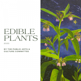 Text reads Edible Plants 2023 on the left, with a painting on the right of green comfrey plant against dark blue starry night sky