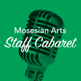 Staff Cabaret logo shows an old fashioned microphone on a green background