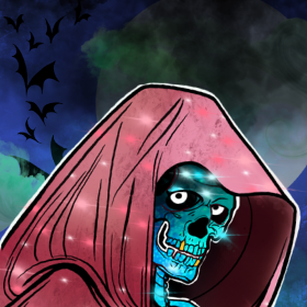 a skeletal head under a draped red hood turns toward the viewer
