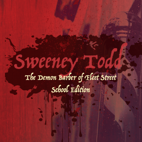 Sweeney Todd text logo on a blood red background overlaying a photographer of a barber pole
