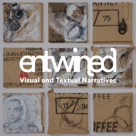 entwinted visual and textual narratives text set on top of artwork by camille demarco featuring coffee bags, with rope, plaster, acrylic paint, charcoal, mesh, and found objects