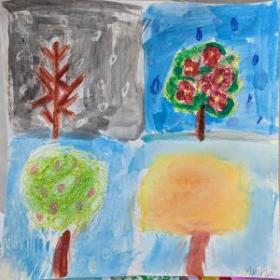 child's drawing of trees in all seasons